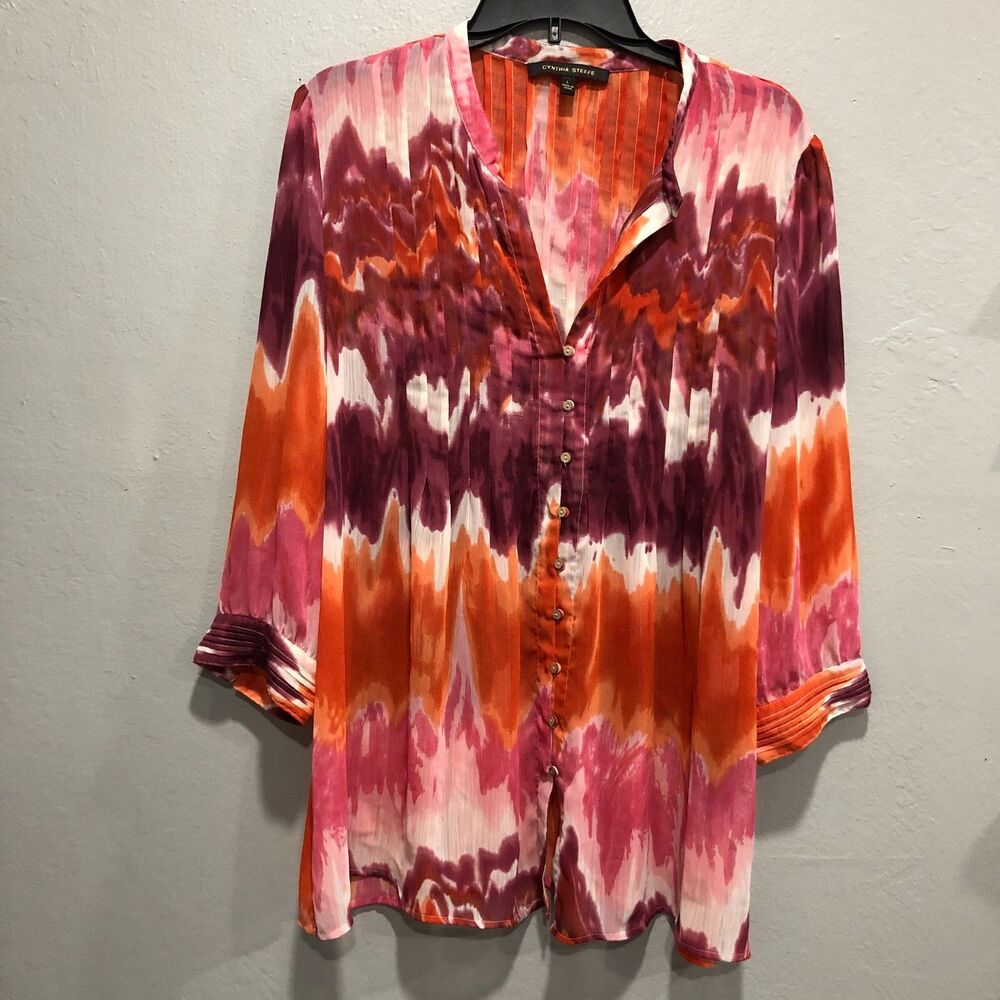 Cynthia Steffen womens chiffon tunic top large pink white multi colored A20